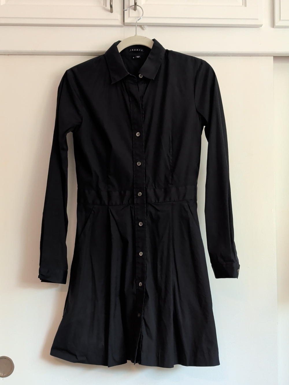 Theory Black Long-Sleeve Button-Front Shirt Dress With Pockets